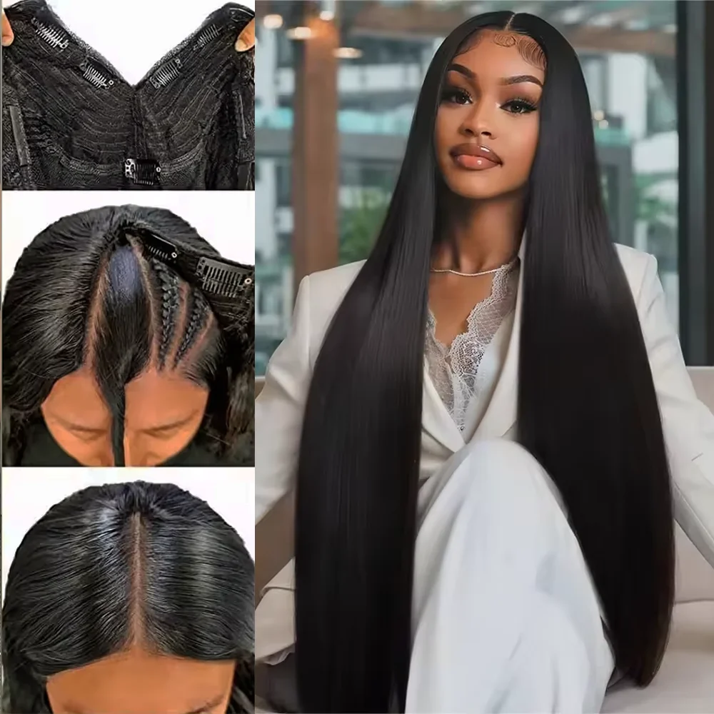 32 Inch Straight V Part Human Hair Wigs 200 Density Straight Brazilian Wig For Women V part Human Hair Head Clip In Halr Wig image 2