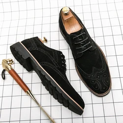 Spring Hot Selling Men's Brogue Shoes Elegant Khaki Massage Sole Men's Business Casual Shoes Lace Up Suede Leather Shoes