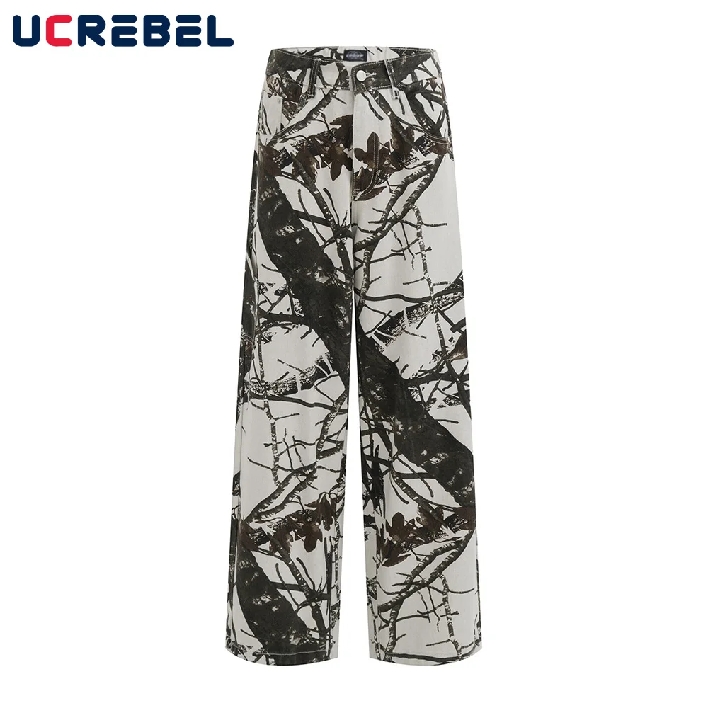 

Camouflage Wide Leg Pants Mens Retro High Street Straight Hip Hop Elastic Waist Loose Trousers Men