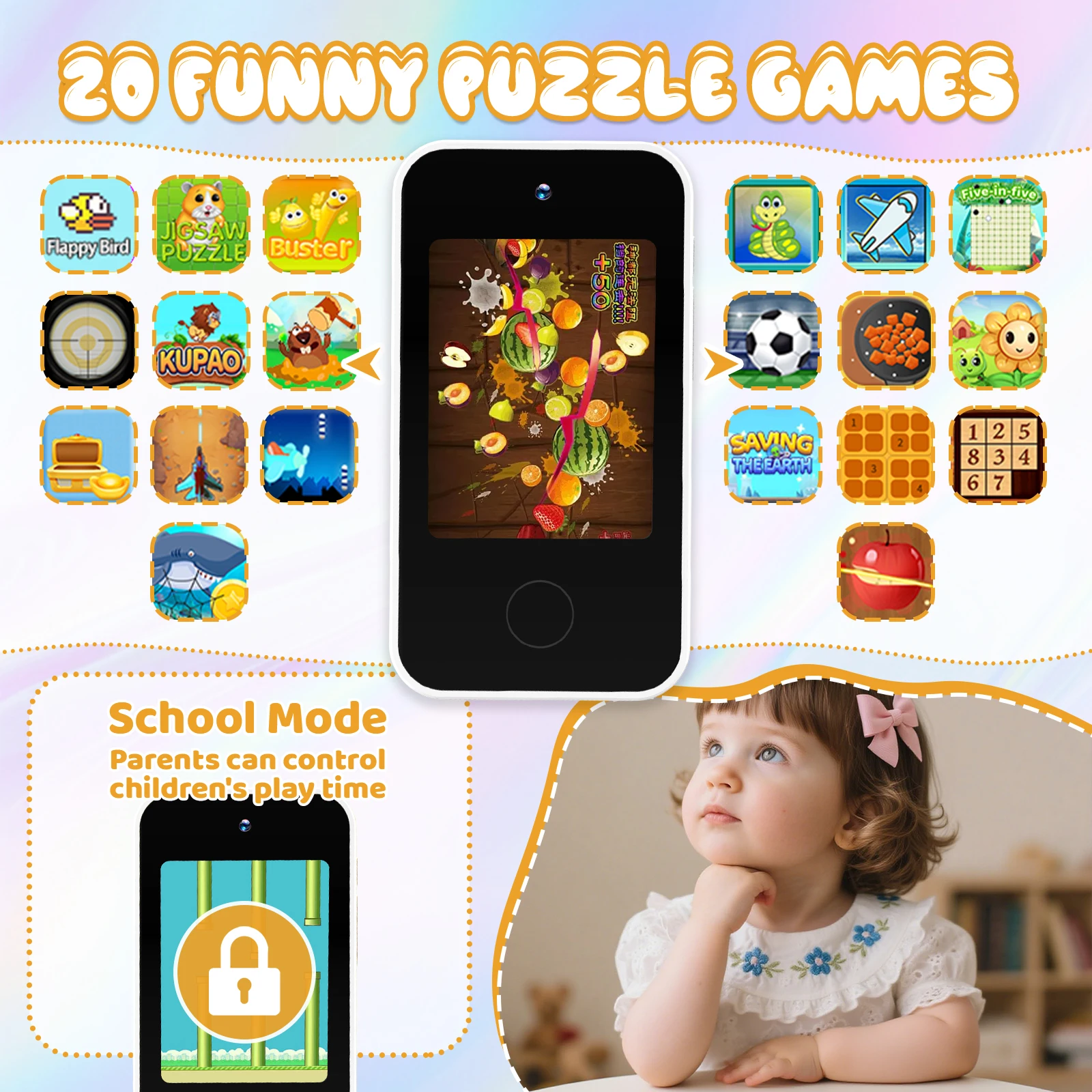 Kinder-Smartphone-Spielzeug mit Dual-Kamera, 1080P HD, Lernspiele, Musikplayer, Sicherheitsmodus, Frühlernspielzeug, Geburtstagsgeschenk für Jungen und Mädchen – Detail 6