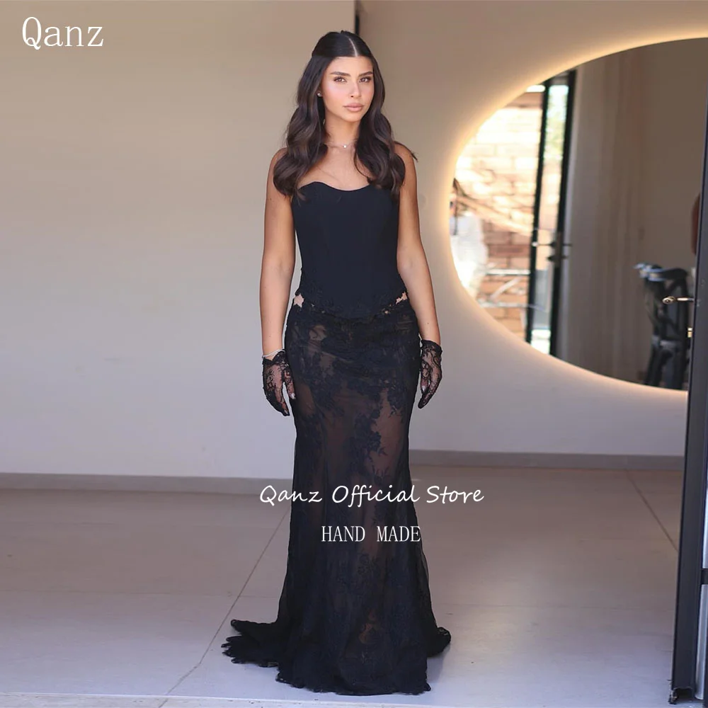 

Qanz черные кружевные аппликации вечерние платья Русалка Vestidos De Fiesta элегантные женские без бретелек иллюзия платье для выпускного вечера по индивидуальному заказу