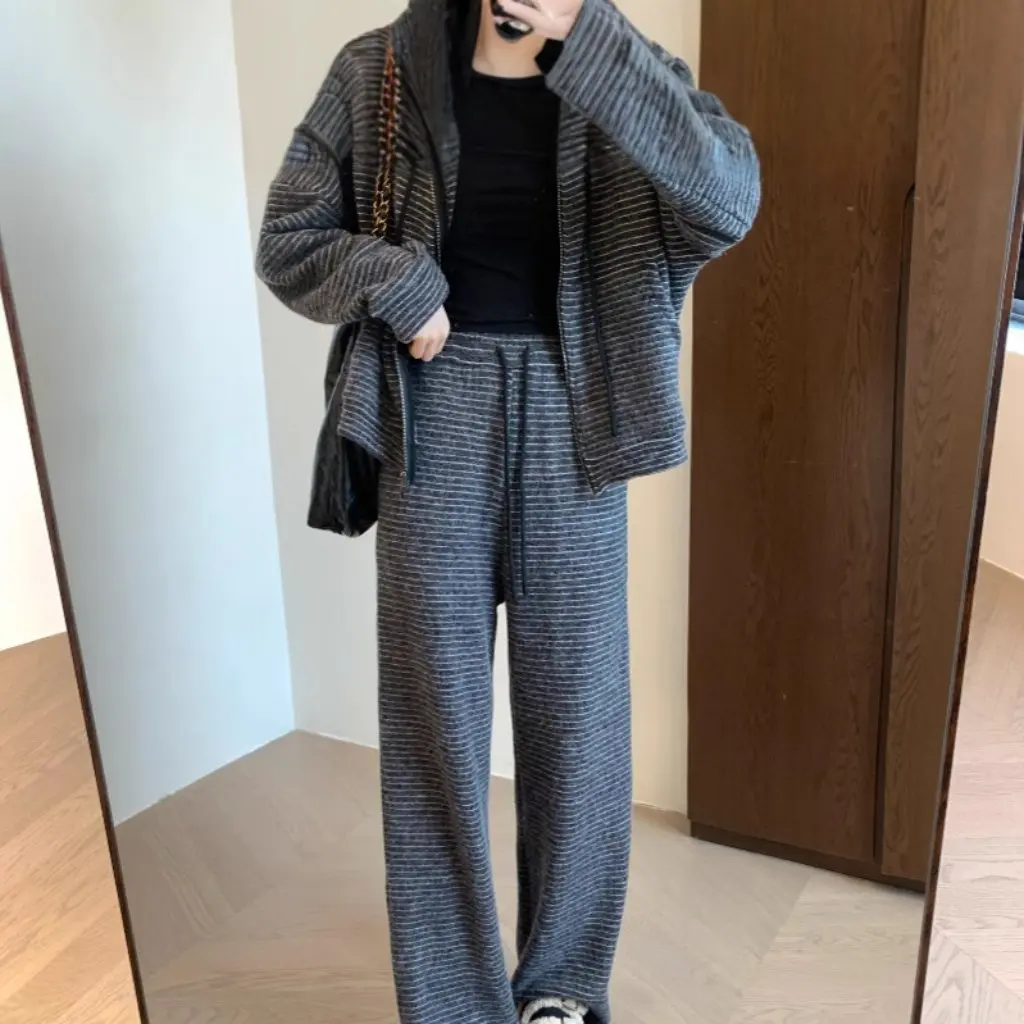 

Женский мягкий восковой теплый полосатый свитшот на молнии с капюшоном и широкие брюки, осенне-зимний модный комплект F110820
