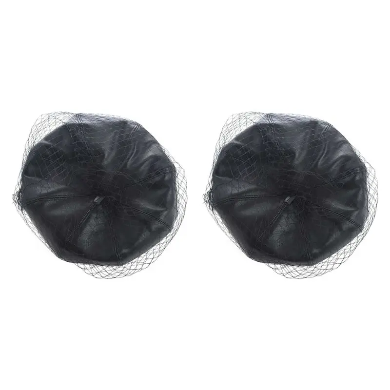 

AEF6-2X Fascinating Black Hat Chic Leather French Beret With Veil Mesh Show Double Layer Women Beret Beanies Cap