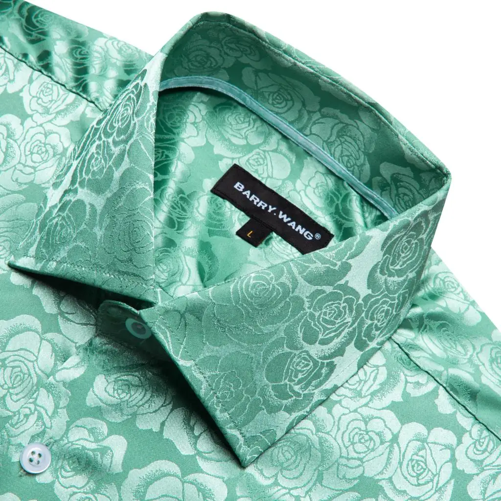 Luxury Shirts for Men Silk Satin Green Flower Long Sleeve Slim Fit Male Blouses Trun Down Collar Tops Breathable Clothing