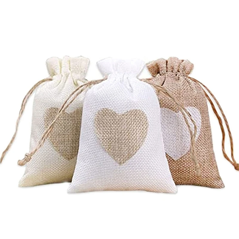 10 ชิ้น Elegant Heart Drawstring กระเป๋าผ้าลินินสะดวก Jewery ห่อกระเป๋า