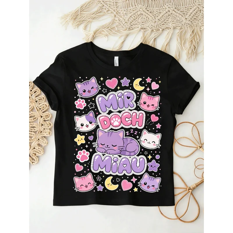 Mir Doch Miau German Cat T-Shirt Cute Cartoon Kitten Star Heart Moon Print Cat Lover Women Casual Short Sleeve Tee
