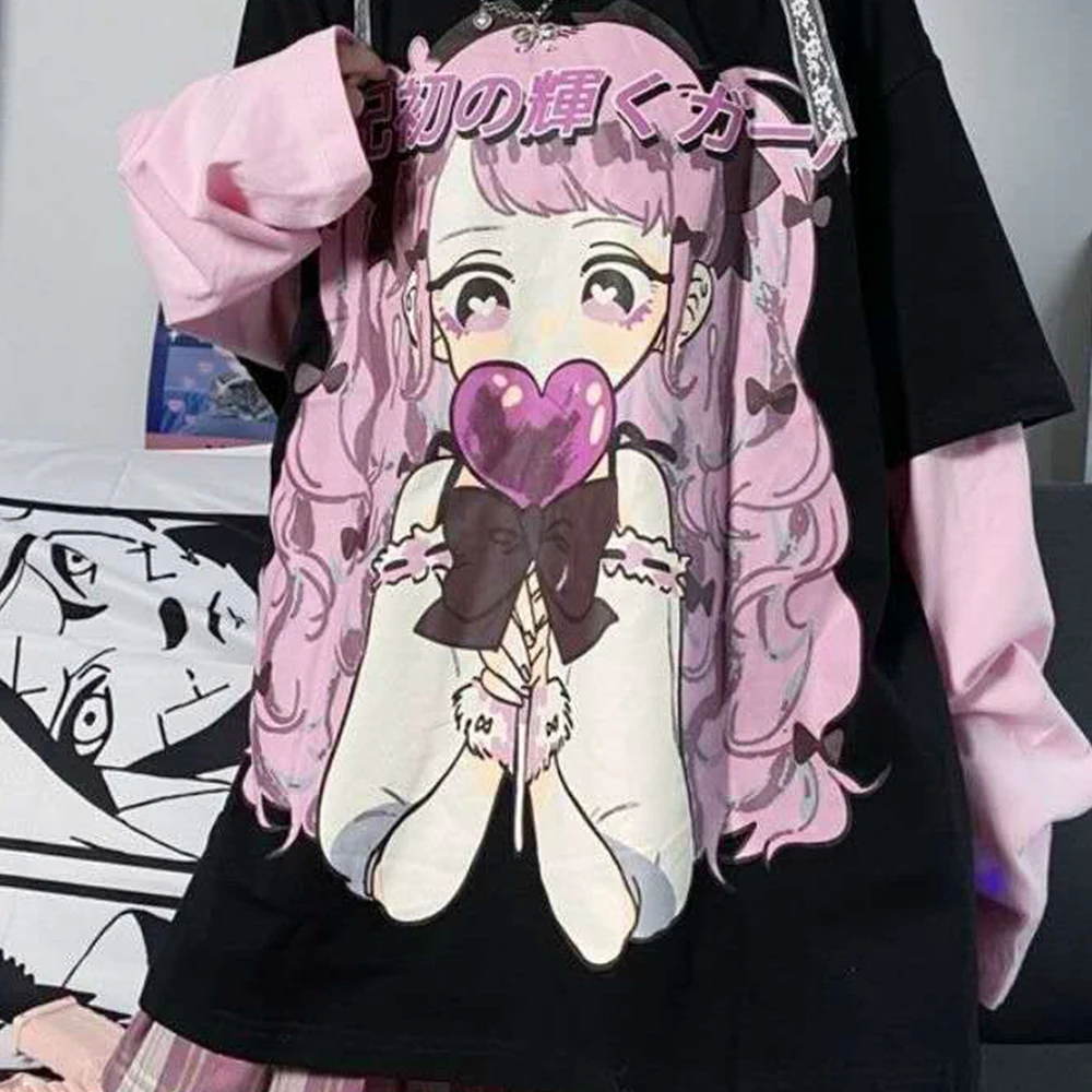 Harajuku Sweet Women'scartoon Printed Long Sleeved T-Shirt Loose Korean Edition Faketwo Piece Long Sleeved T-Shirt Koreanedition