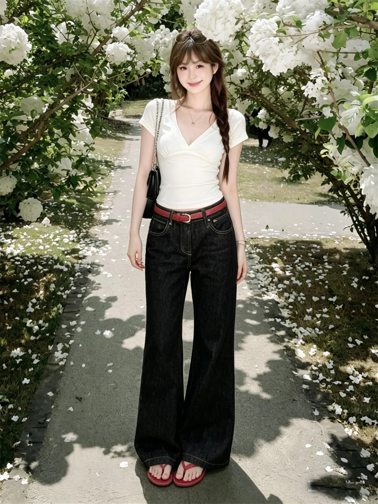 

American Style Retro Deep Blue Low Waist Flared Denim Jeans Women Summer Loose Drapey Washed out Trendy Floor Length Pants