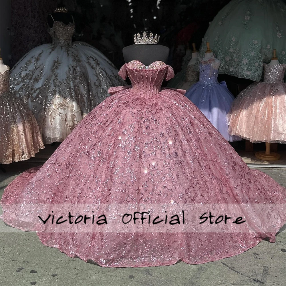 Blush Pink Shinny Bow 15 Dress Quinceanera 2024 Beaded Off The Shoulder Ball Gown Quince Dress Formal Occasion Gowns Customized