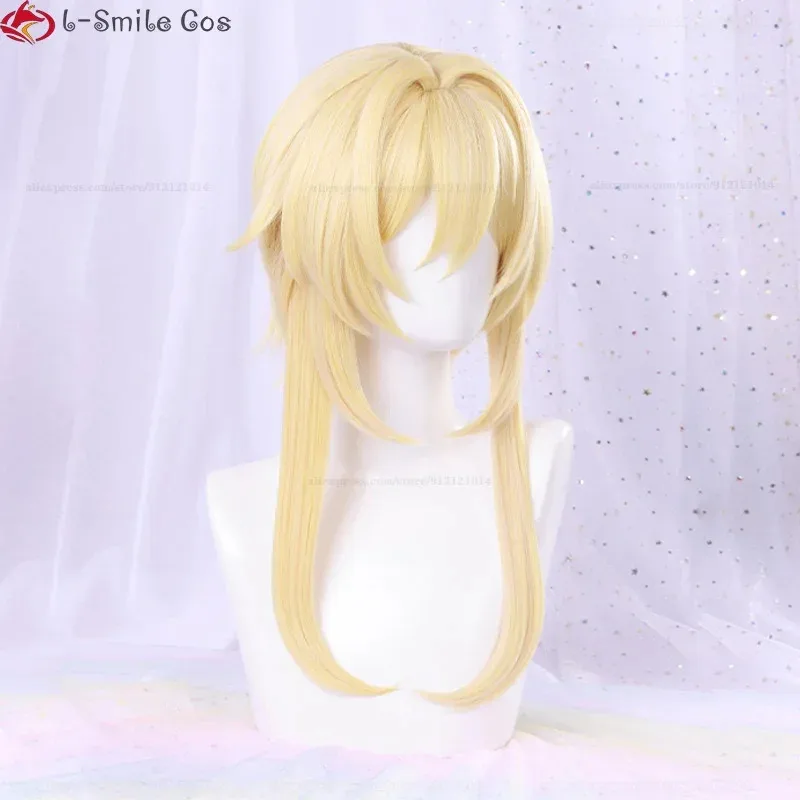 لعبة Genshin تأثير المسافر لومين شعر مستعار تأثيري شعر ذهبي طويل مع دبوس شعر زهرة مقاومة للحرارة الاصطناعية شعر مستعار للحفلات الدعائم