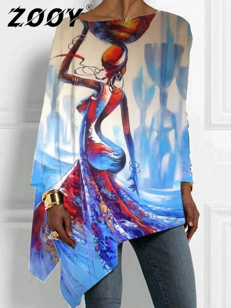 

S-3XL women Long Sleeved T-Shirt Fashionable and Comfortable Oil Painting Abstract Painting Black Girl Print Irregular Hem Top