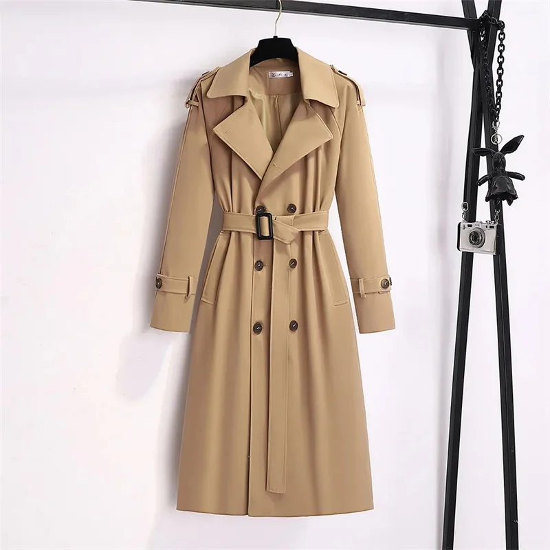 Mid-length Trench Coat With Belt Gray Khaki Women Korean Loose Lapel Long Sleeve Casual Windbreaker Spring Autumn New Overcoat