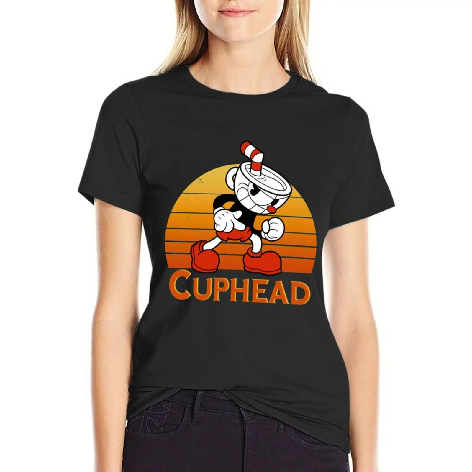 Cuphead Vintage Sunset T-Shirt summer tops anime clothes funny white t-shirt dress for Women sexy