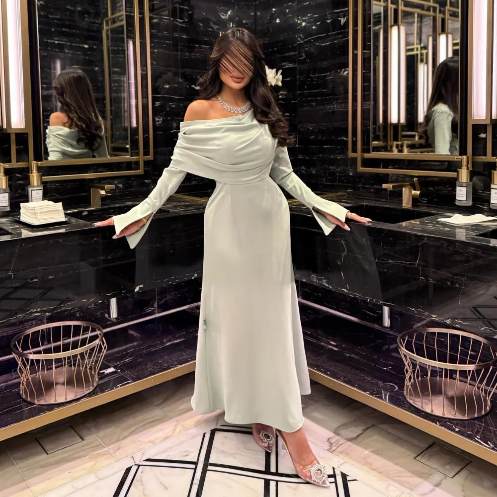 

Customized Fashion Modern Style Jersey Pleat Ruched A-line Off-the-shoulder Midi Dresses Bespoke Occasion Dresses Elegant Retro