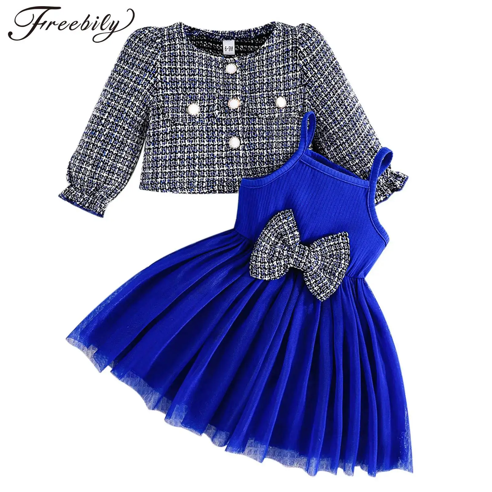 Toddler Girls Autumn 2 Piece Outfit Long Sleeve Jacket with Sleeveless Bowknot Rib Knit Dress Suits Birthday Party Set