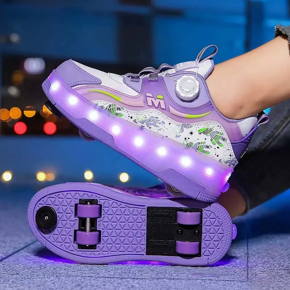 

2025 New Wheels Shoes For Boys Girls Inline Skate Shoes With LED Light Outdoor Skating Parkour Roller Sneakers Gift Size 29-38