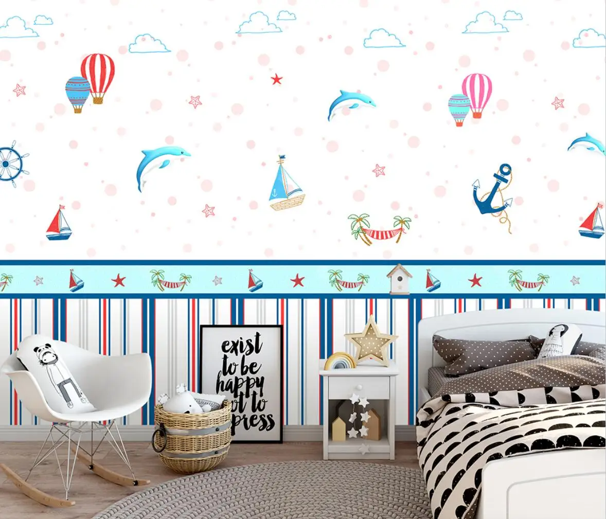 custom mural wallpaper for bedroom walls Cartoon nautical clouds hot air balloon dolphin sailboat wallpaper for children's room