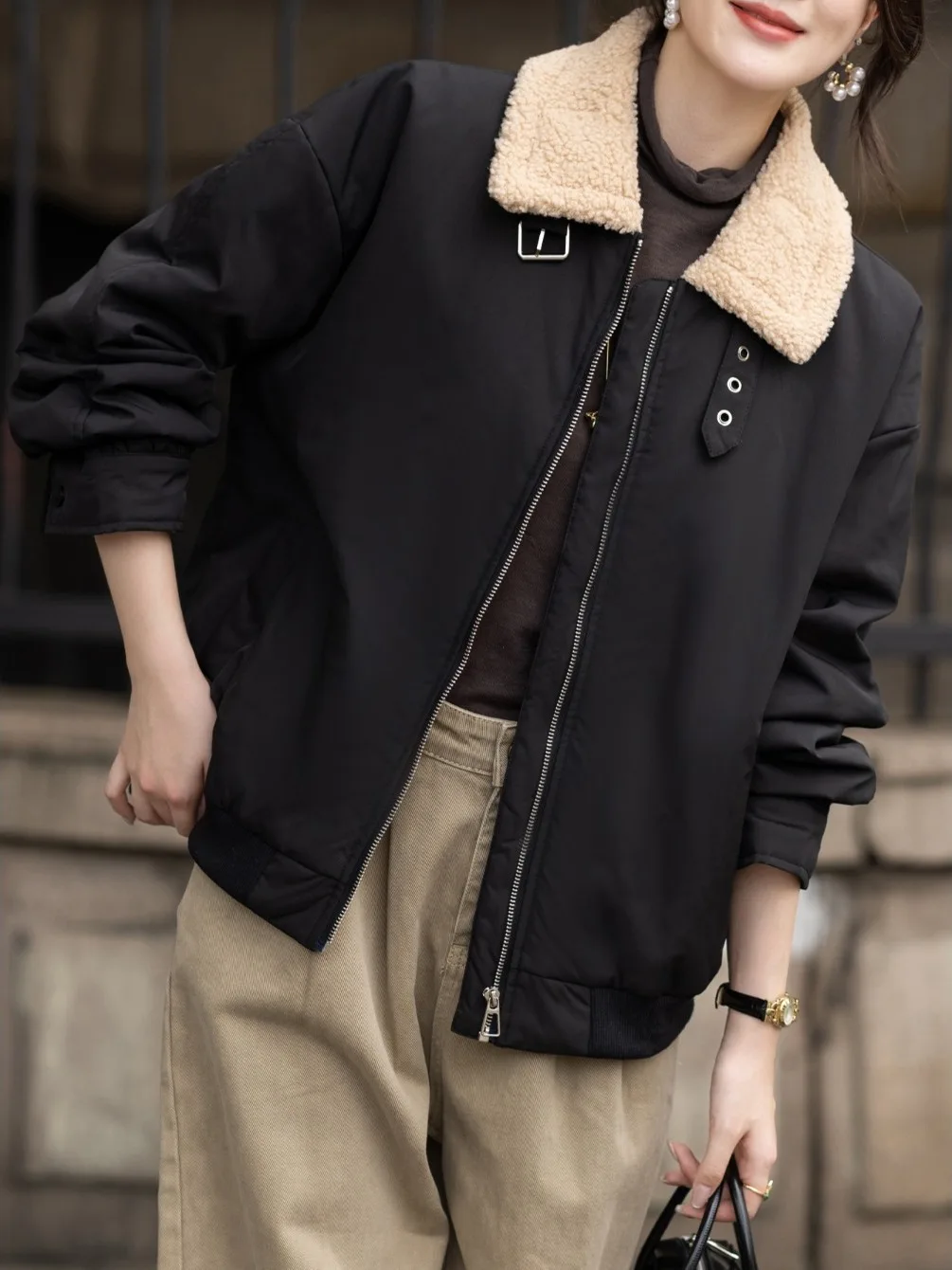 

Ladies' Lamb Fur Collar Loose Fit Casual Workwear Jaet 2025 Winter New Sle Lazy Faion Slimming Long Sve Zipper