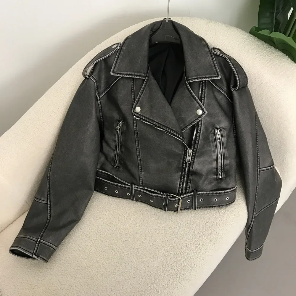 New in Faux Leather Jacket Woman Chic Vintage Spring American street wear Short Lapel Zipper Belt Biker Coats Fashion Streetwear