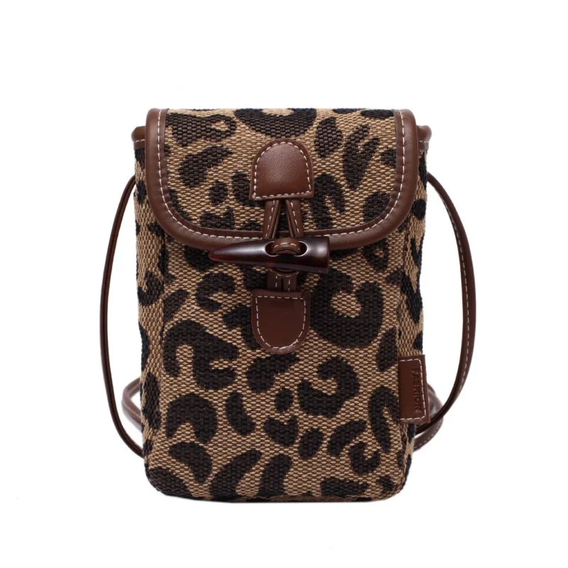 Women\'s Leopard Print Shoulder Bag Fashion Retro High Quality Plaid Canvas Messenger Bag Simple Female\'s Mobile Phone Bag