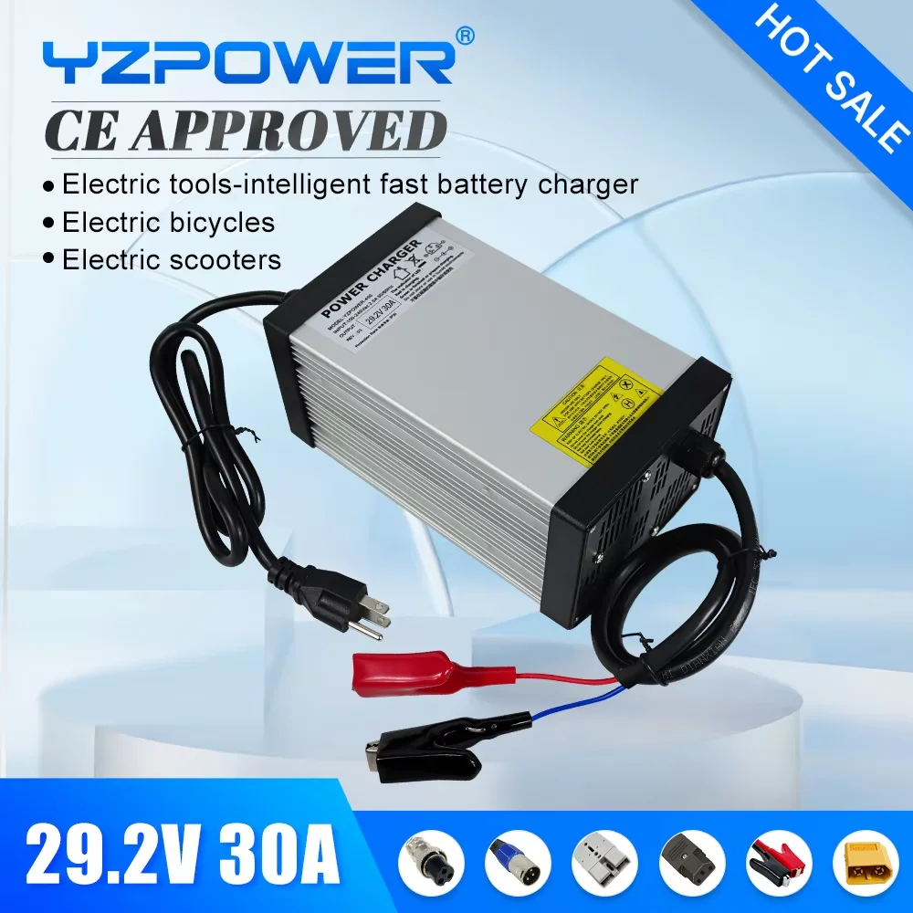 YZPOWER 29.2V 30A Lifepo4 Battery Charger 8S 24V High Power Charger Fast DC Charging with Cooling Fan