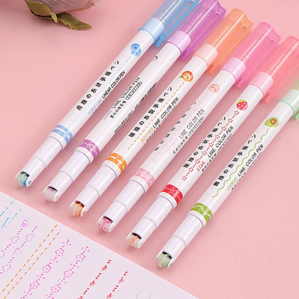 6Pcs/set Kawaii Flowers Line Shaped Highlighter Pens Roller Tip Curve Liner Marker for Writing Journaling Drawing Stationery