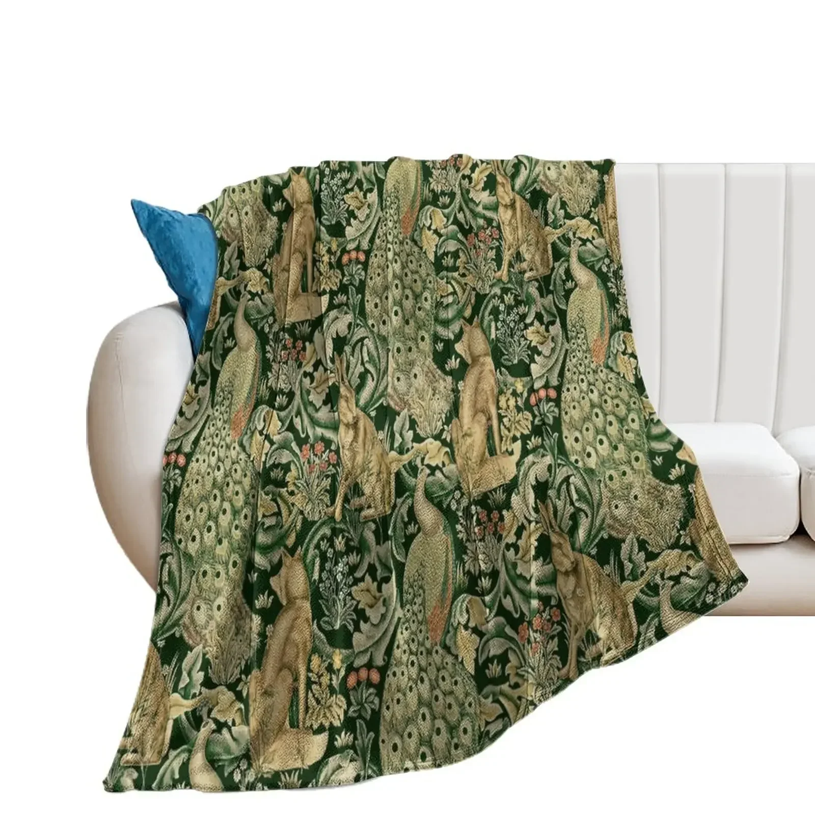 

GREEN FOREST ANIMALS ,PEACOCKS, FOX AND HARE IN GREEN LEAVES,FLORAL PATTERN Throw Blanket Hair Blankets