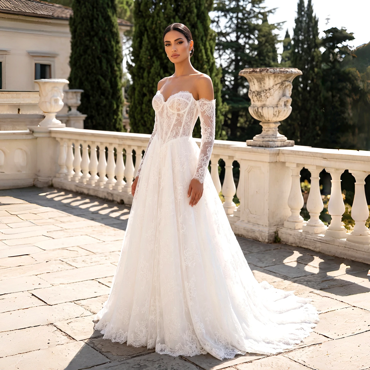 Sharon Said Elegant A Line Wedding Dress Off Shoulder Sweetheart Long Sleeve Corset Floral Applique Bridal Gown SW760 Customized