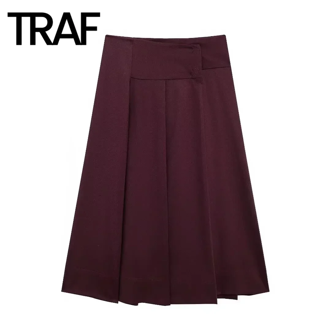 TRAF Skirt for Women Fashion 2024 Autumn Winter  New Wide Pleated Chic Female High Waist Elegant A-line Midi Skirts Mujer