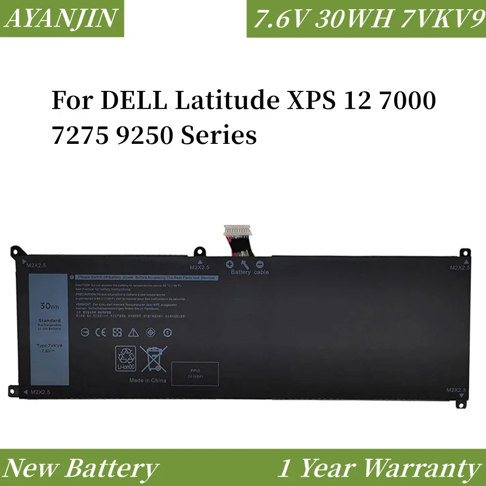 

7VKV9 9TV5X 7.6V 30WH Laptop Battery for DELL Latitude XPS 12 7000 7275 9250 Series Notebook 7VKV9