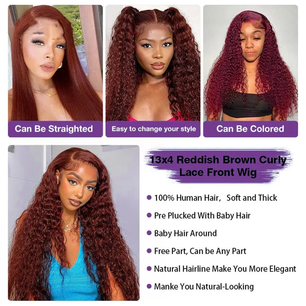 Reddish Brown 13x4 Deep Curly Lace Front Wig Copper Red 13x6 HD Lace Frontal Human Hair Wigs Fall Color Deep Wave Lace Wigs