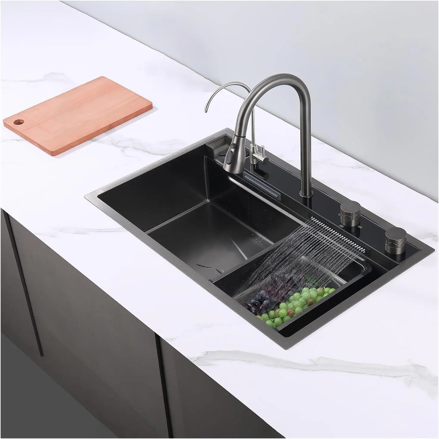 

Modern Kitchen Sink With Cup Washer, Multifunctional Waterfall Kitchen Sink With Pull Down Faucet, 31.5*19.7*9.8 Inch Black