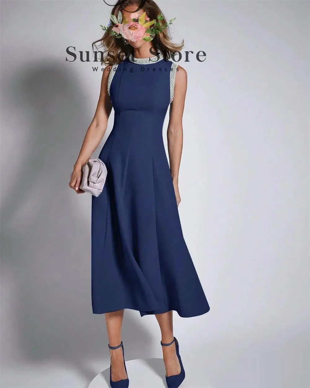 Vestido de noche personalizado, cuello redondo, sin mangas, vestidos de celebridades, vestidos de ocasión a medida, moda Formal con cuentas