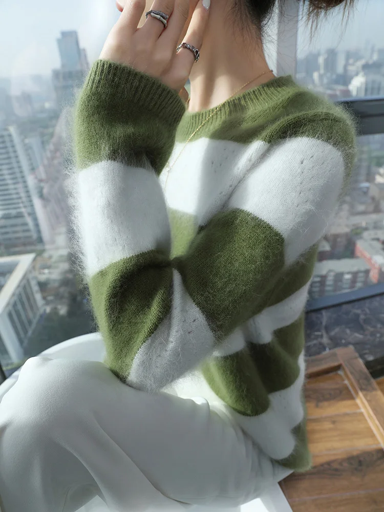 

TLOML Chic Women's 100% Mink Cashmere Sweater O-Neck Striped Pullover Casual Autumn Winter Soft Warm Mink Cashmere Thick Tops