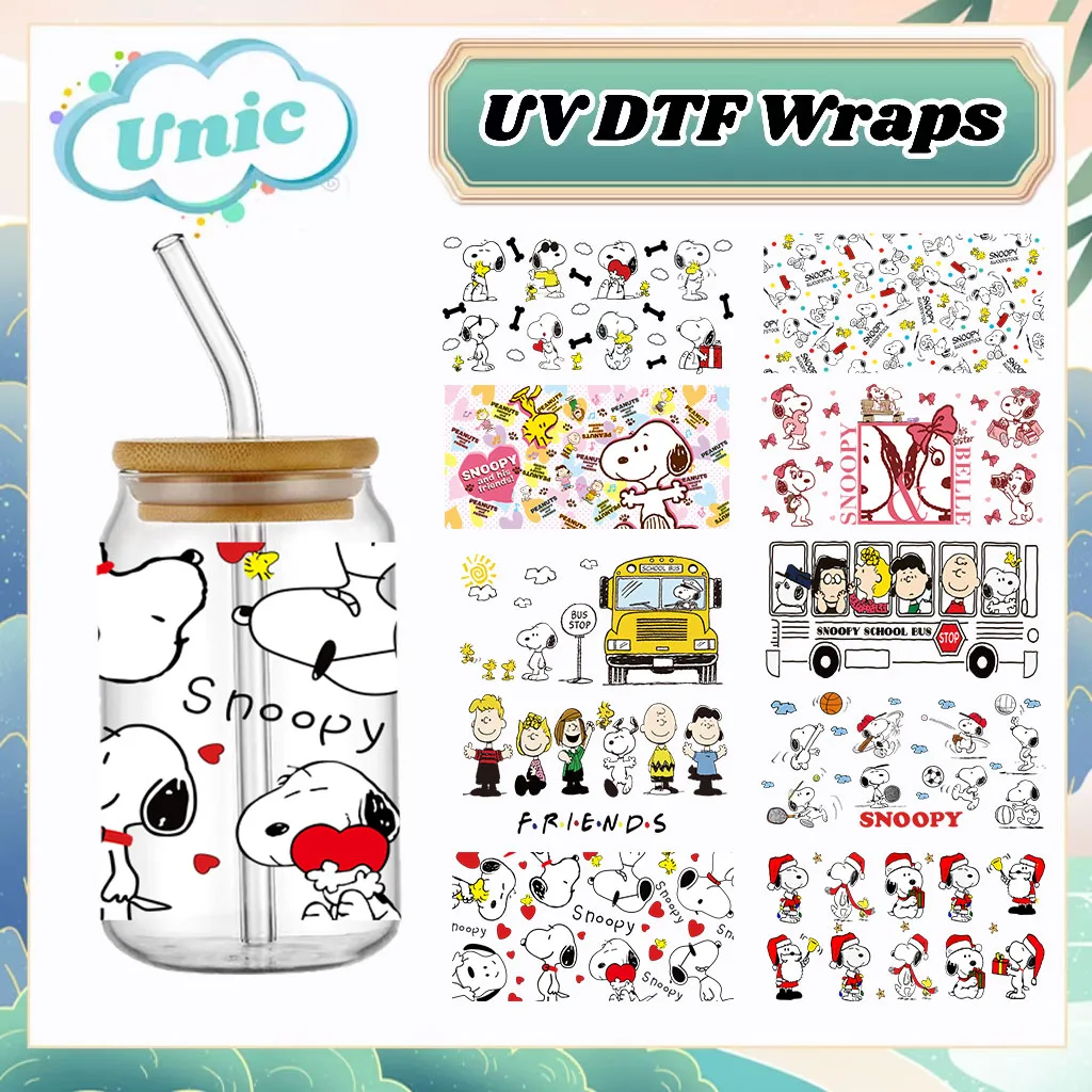 Cartoon Fashion Snoopy 16OZ UV DTF Cup Wraps Transfer Sticker For Glass Libbey Can Bottle Selfadhesive Washable DIY Custom