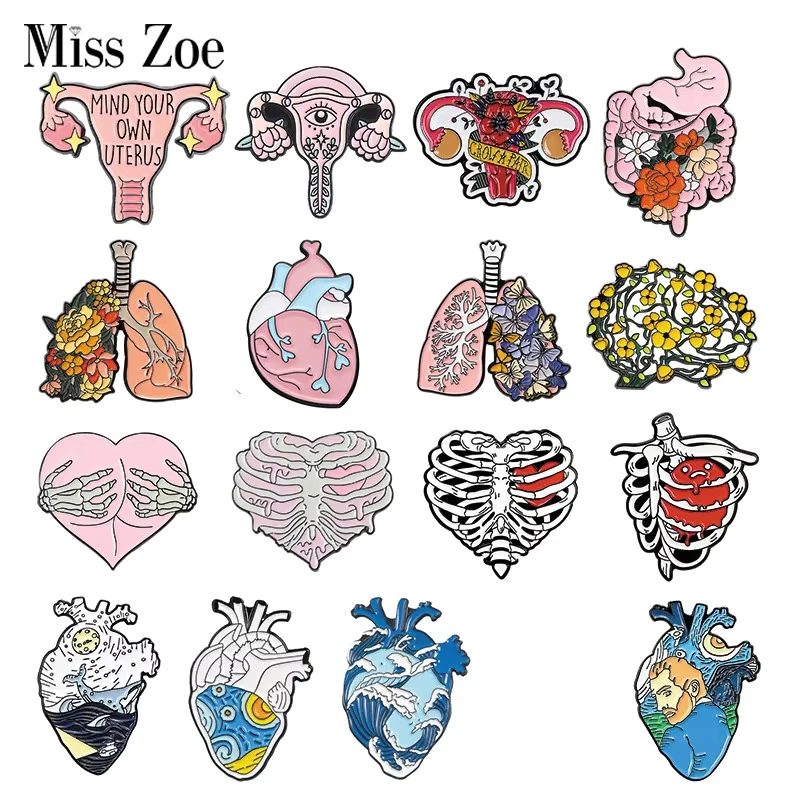 Viscera Enamel Pins Custom Heart Brain Lung Uterus Rib Cage Brooches Lapel Badges Organ Jewelry Gift for Students Friends