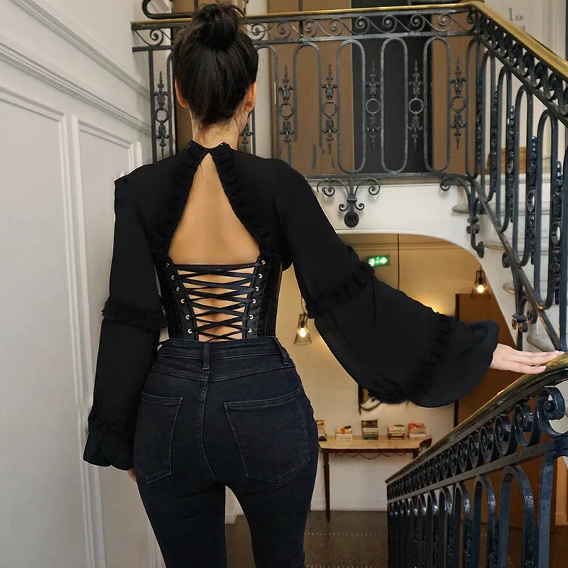 Deep V Neck Blouse Women Long Sleeve Shirt Backless Lace Up Corset Tops Streetwear Autumn Solid Skinny Bustiers Corsets Blouses