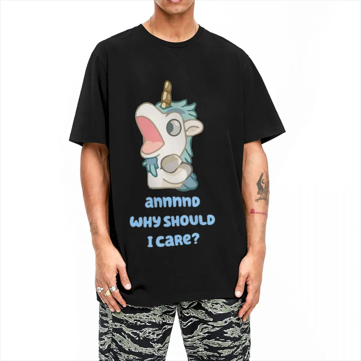 Annnnd Why Should I Care T Shirt Summer Unicors Blueys Cartoon T-Shirts 100 Cotton Tshirt For Men Short Sleeve Print Clothes