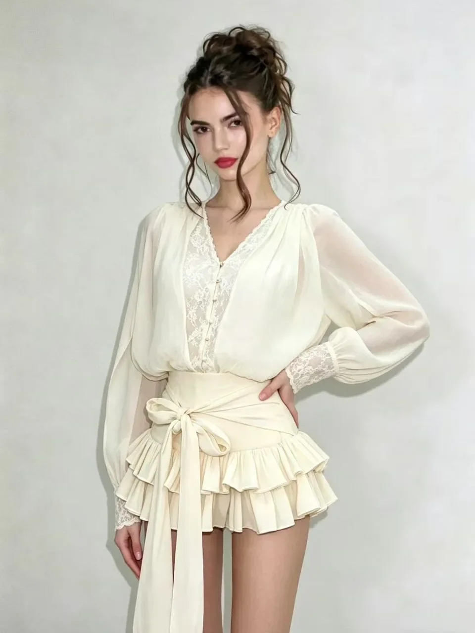 PuTao Cocktail Formal Women Matching Set Lace V Neck Sheer Blouse Bow Tiered Ruffle Mini Skort Evening Banquet Date Dress