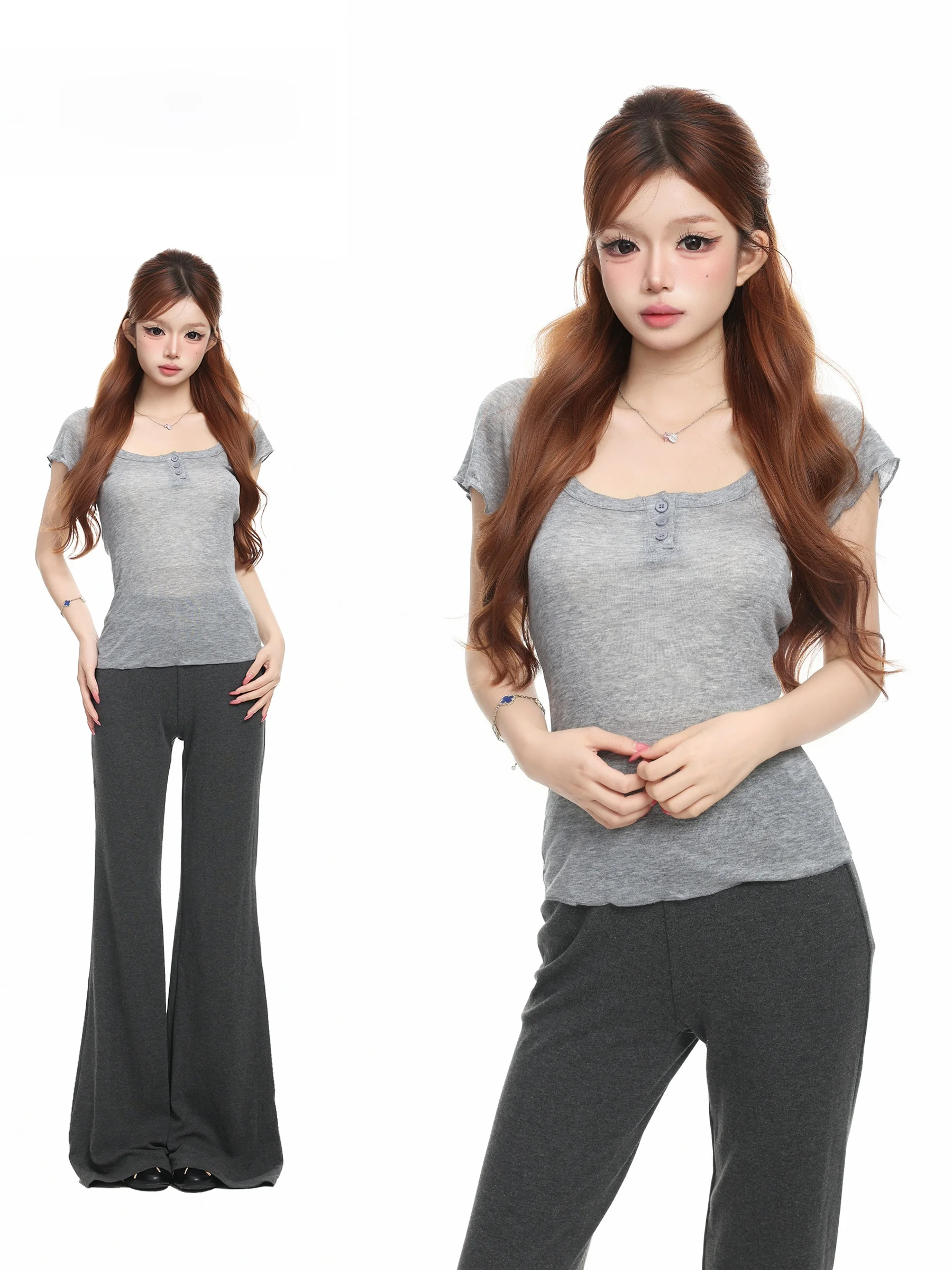 BASTERDS Minimalist U-Neck Short Sleeve T-Shirt Women Summer Slim Fit Micro Translucent Short Length Correct Shoulder Top