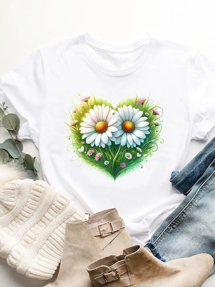 Love Heart Flower Casual Graphic T-shirts Women's Clothing Tshirts Print Short Sleeve Top Woman Fashion Printing Tee