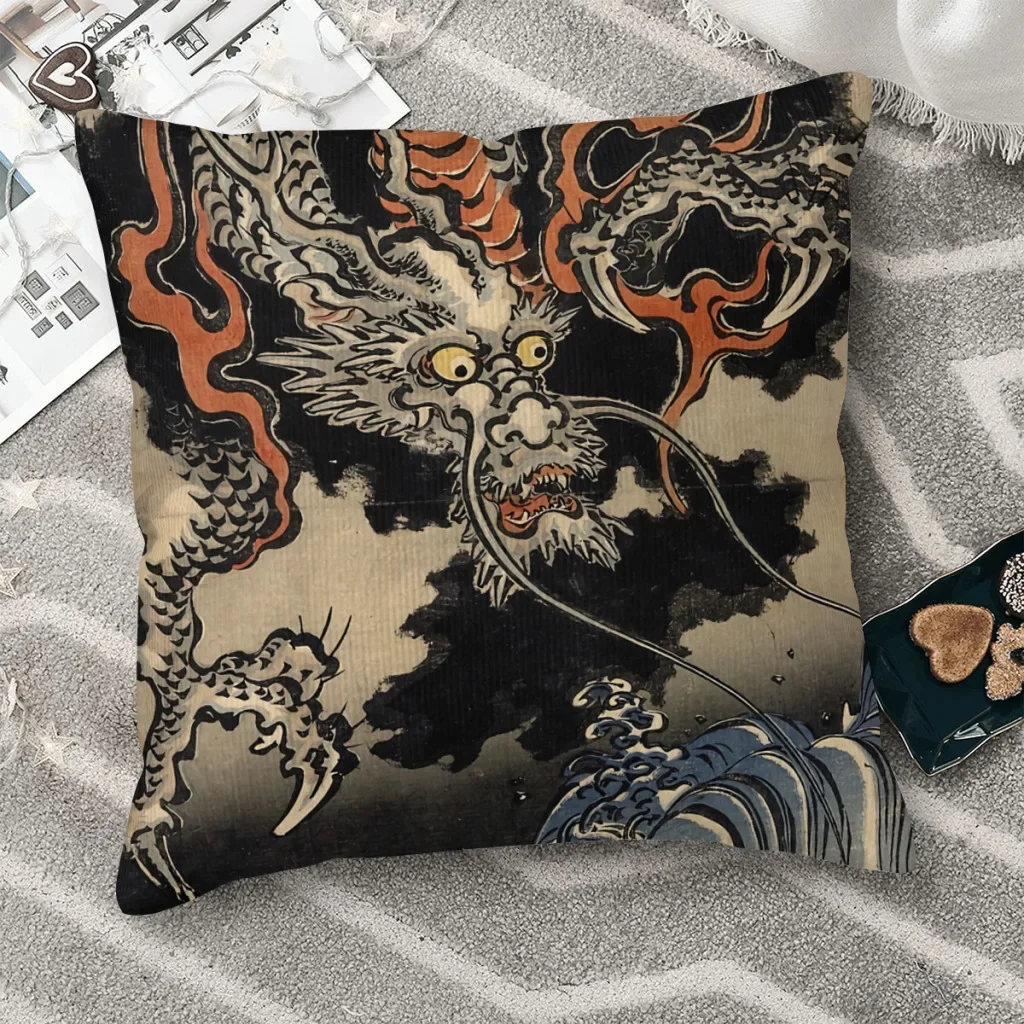 Utagawa Kuniyoshi Dragon and Waves Japanese Style Art Polyester Cushion Cover For Sofa Car Decorative Kawaii