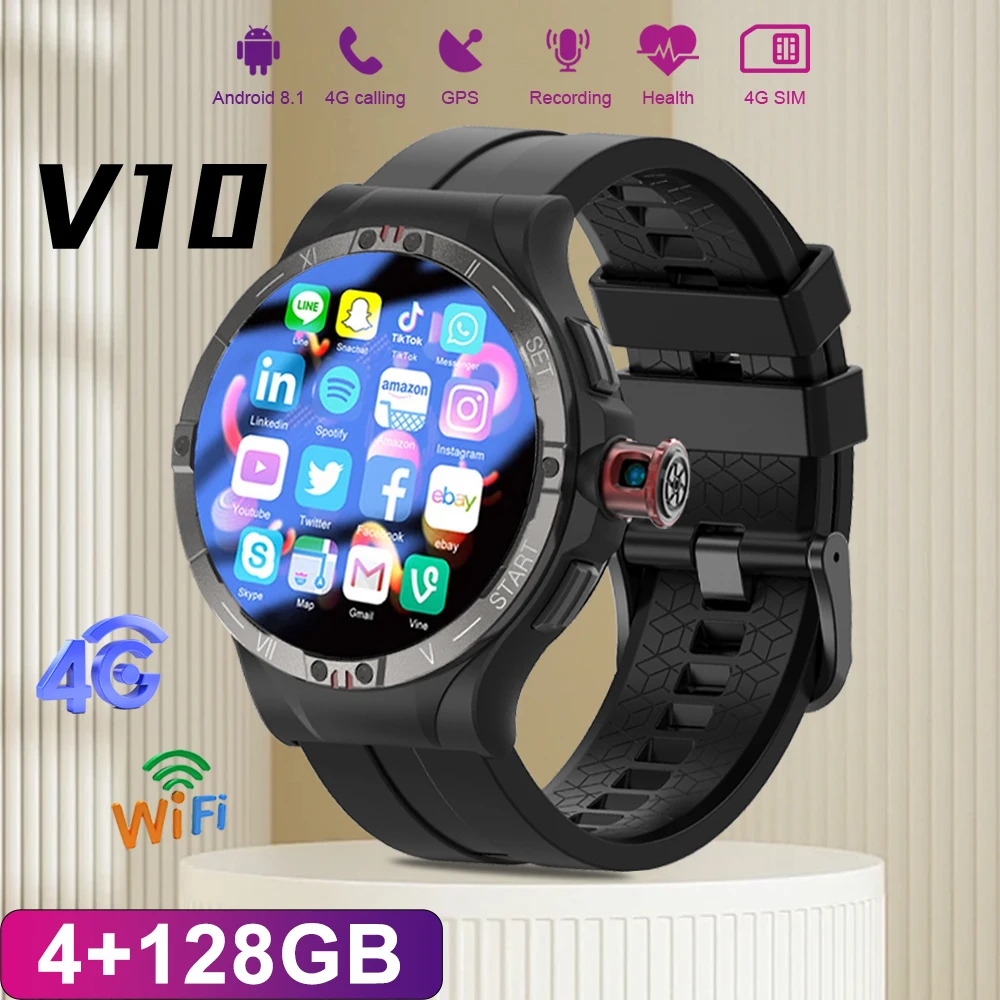 

XUESEVEN V10 NEW Generation Upgrade Chip 4G+128G Smartwatch SIM Card 1.43"Round Screen 120 °Rotating Camera WIFI GPS Men's Watch