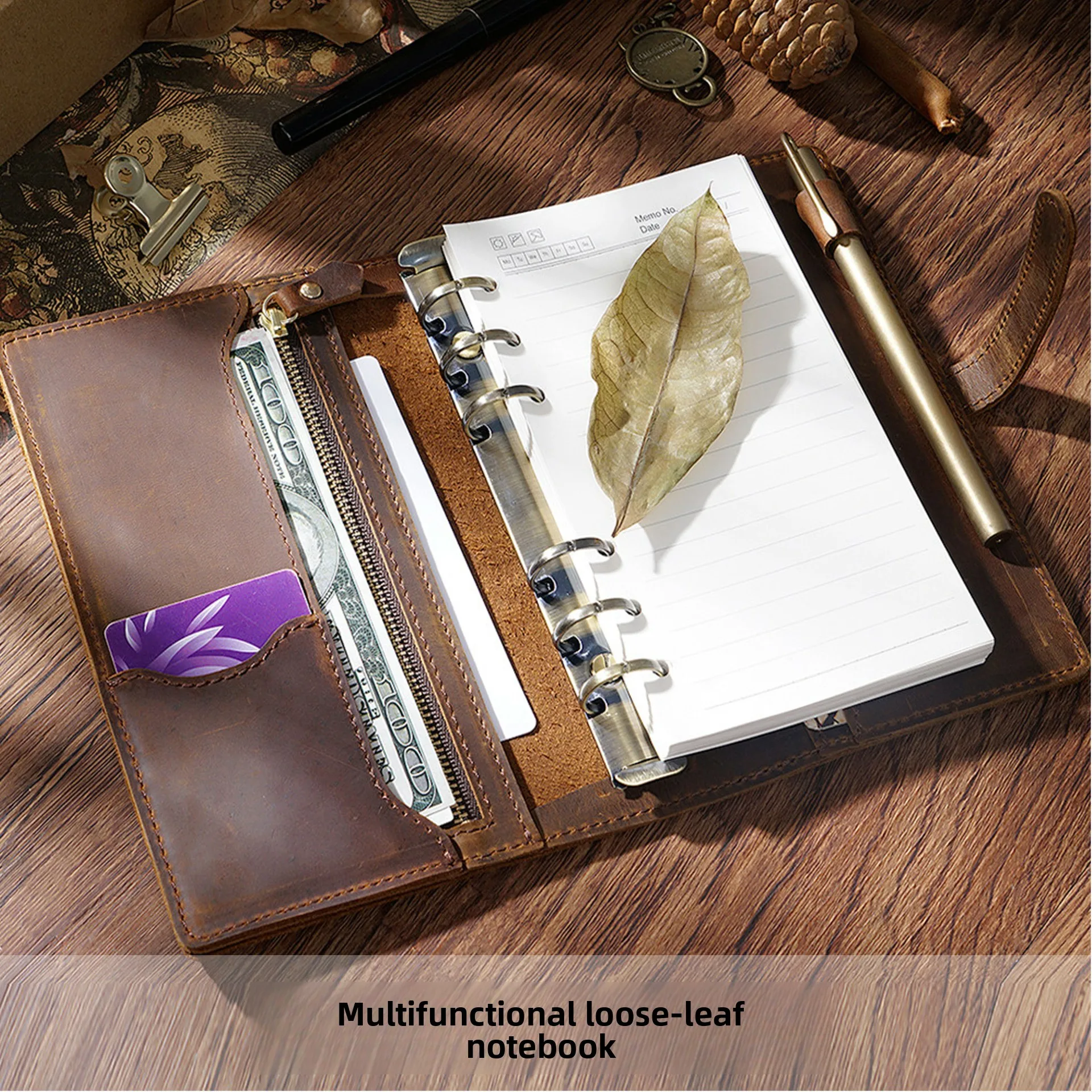 A5 A6 A7 Leather Loose Leaf Travel Notebook with Zipper Pocket and Card Holders, Refillable Crazy Horse Cowhide Journal Binder