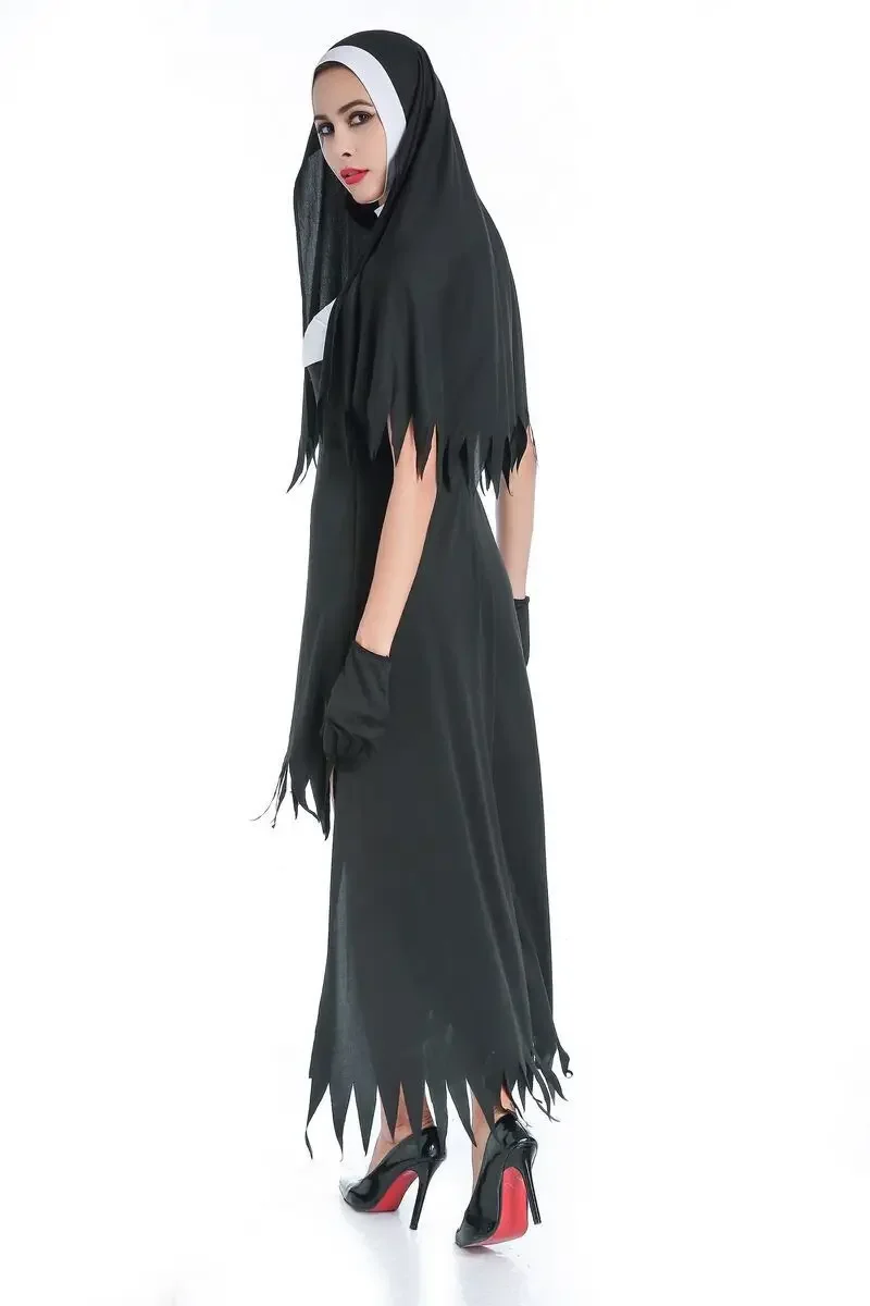 Sexy Nun Costume Adult Women Cosplay Black Hoodie For Halloween Sister Cosplay Party Vampire Demon Costume