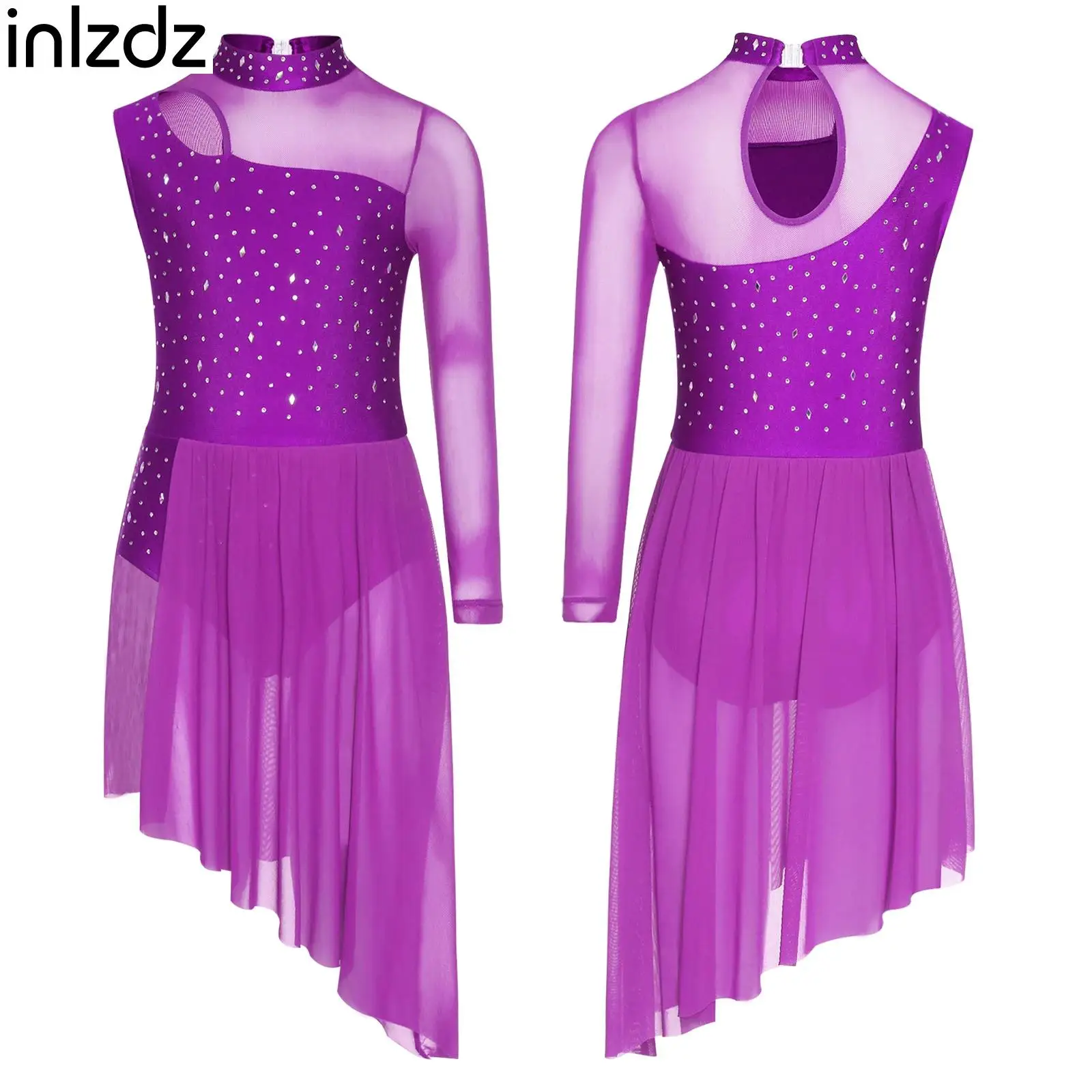 

Kids Girls Asymmetrical Lyrical Modern Dance Performance Costume Cutout Sheer Mesh Shiny Rhinestones Side Split Dress Dancewear