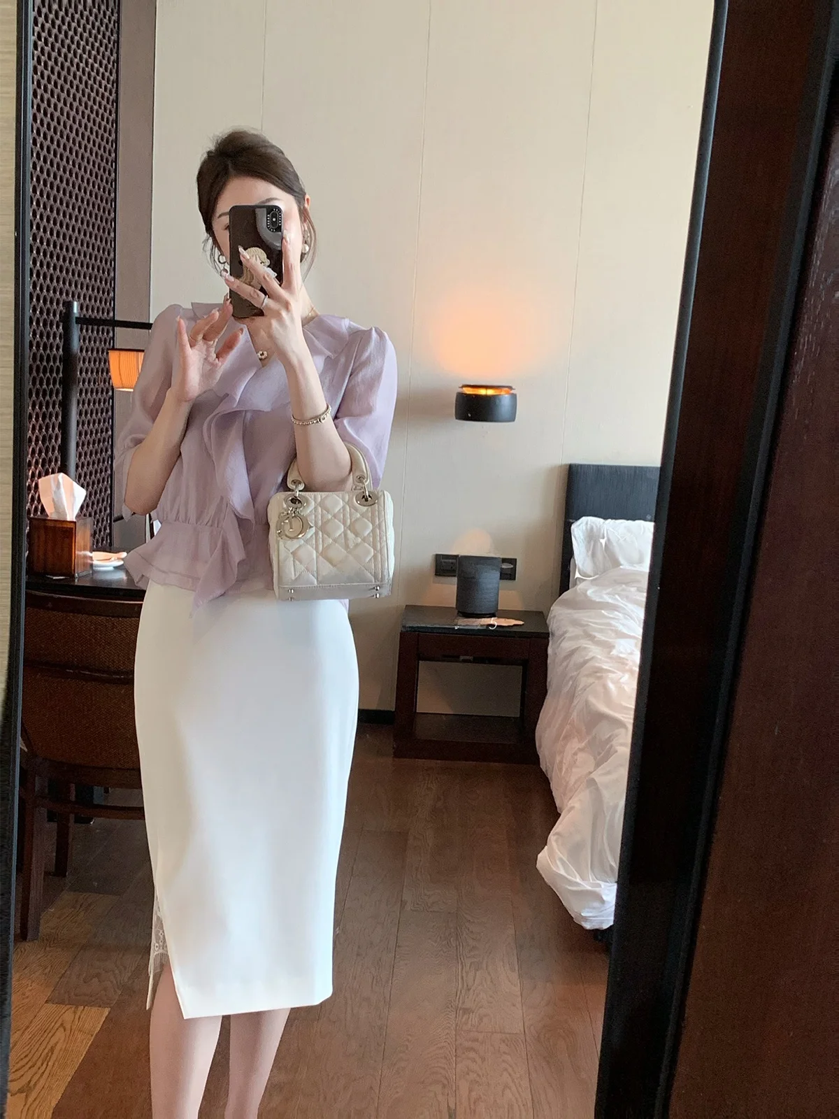 

DAJO'S Commute Lady Soft Ele Waist-Cinching Blouse Polyester Bubble Sve Floral Trim Top for Women Summer Regular Fit