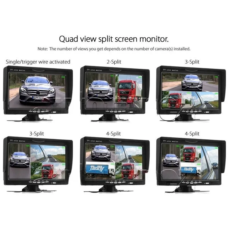 7 Inch Quad Monitor 360° Panoramic View 4Pin Front Side Rear View Backup Camera Kit DVR Recording for Truck Caravan RV