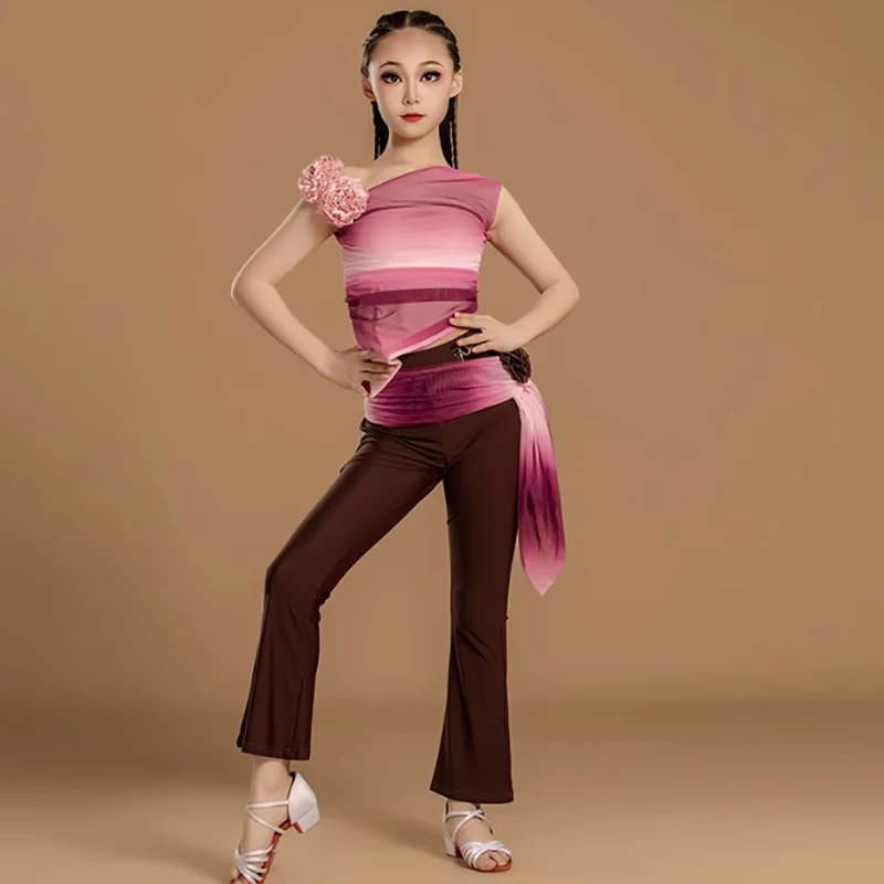 

Children Latin Dance Gradient Sleeveless Top and Pants Trousers Girls Kids Competition Dancewear Ballroom Training Costume
