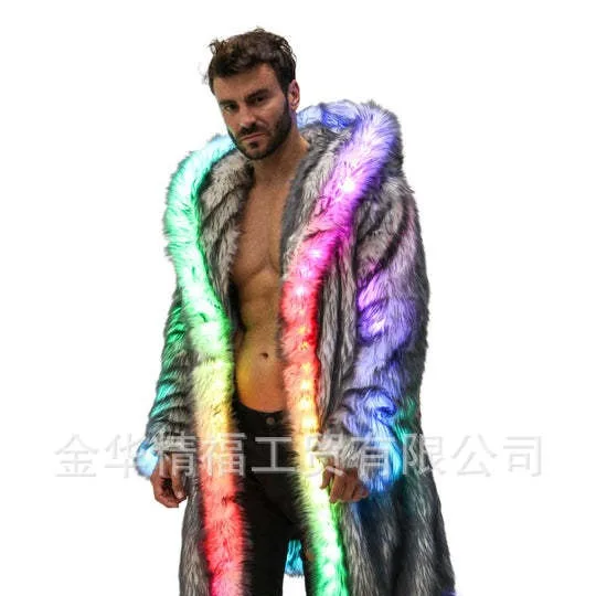 가짜 모피 코트 남자 후드 겉옷 편안한 두꺼운 겨울 따뜻한 롱 자켓 LED 무대 댄스 파티 코스프레 의상 오버 코트